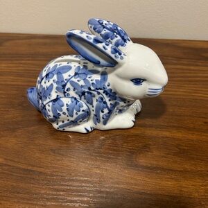 Ceramic Floral Bunny Rabbit Coin Bank Blue and White